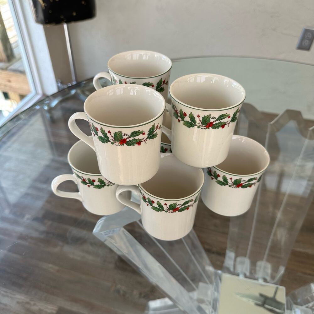 Vintage Holiday Mugs in Noel Pattern by China, Christmas Holly Dishes S/8